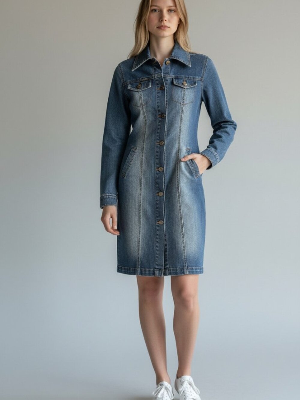 Vintage Denim Button Up Dress Women's Size XS Short Long Sleeve Boho Western